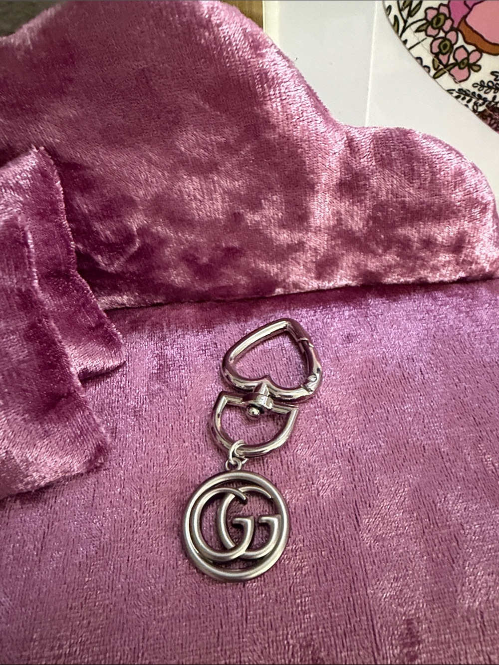 Unlisted Silver Double-G Logo Keychain on Pink Velvet